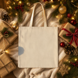 christmas halloween tote bag — plaid flat lay mockup