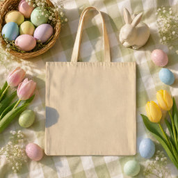 easter halloween tote bag — plaid flat lay mockup