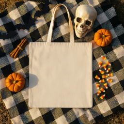 halloween tote bag — plaid flat lay mockup