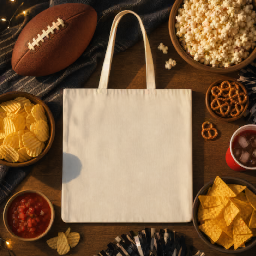 super bowl halloween tote bag — plaid flat lay mockup