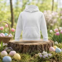 mockup de sudadera con capucha — escena en el bosque de pascua