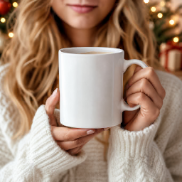 mockup mug entre les mains — ambiance cocooning de noël