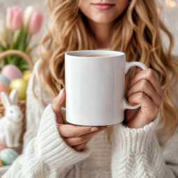 mockup mug entre les mains — ambiance cocooning de pâques