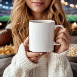 mockup mug entre les mains — ambiance cocooning du super bowl