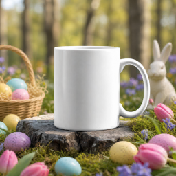 mockup mug sur une souche en forêt de pâques