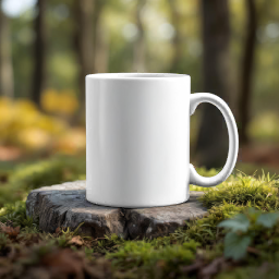 mockup de caneca sobre tronco na floresta