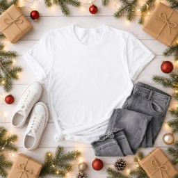 christmas women’s t-shirt — jeans flat lay mockup