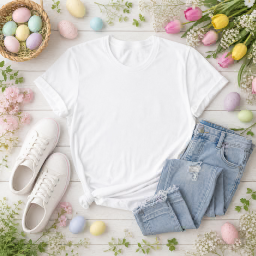 easter women’s t-shirt — jeans flat lay mockup