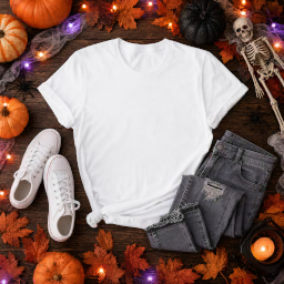 halloween women’s t-shirt — jeans flat lay mockup