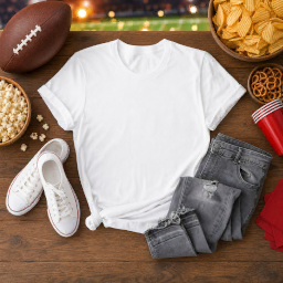 super bowl women’s t-shirt — jeans flat lay mockup