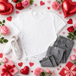 valentine’s day women’s t-shirt — jeans flat lay mockup