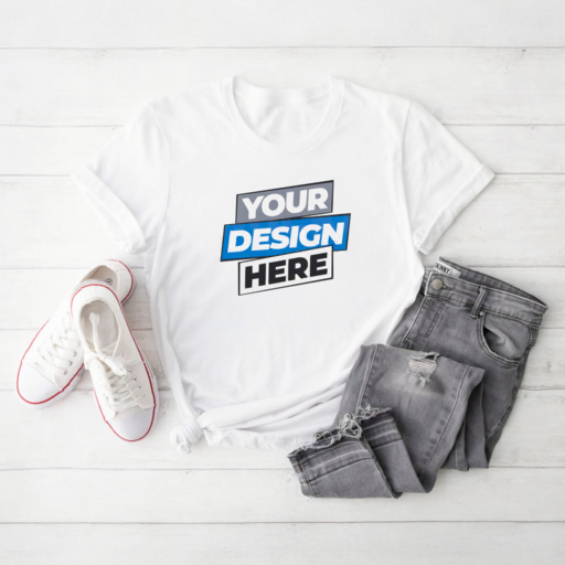 women's t-shirt mockup — jeans flat lay