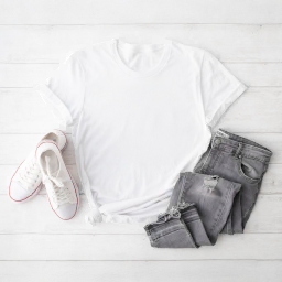 women’s t-shirt mockup — jeans flat lay