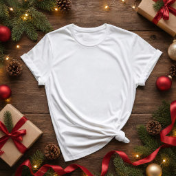 christmas women’s t-shirt — rustic flat lay mockup