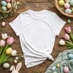 easter women’s t-shirt — rustic flat lay mockup