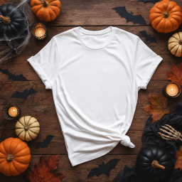 halloween women’s t-shirt — rustic flat lay mockup