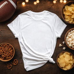 super bowl women’s t-shirt — rustic flat lay mockup