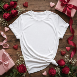 valentine’s day women’s t-shirt — rustic flat lay mockup