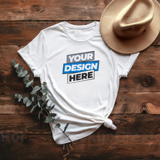 women's t-shirt mockup — rustic flat lay